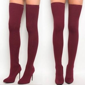 🍷 Sock Knit Stiletto Over the Knee Thigh Boots - Burgundy Wine ‼️IMPERFECTION